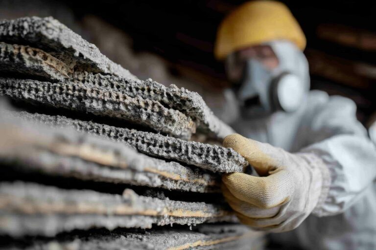 Trabajador retira planchas de uralita