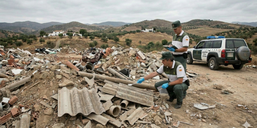 Imagen creada con IA que muestra a dos miembros de la Guardia Civil de Málaga inspeccionando un vertedero ilegal
