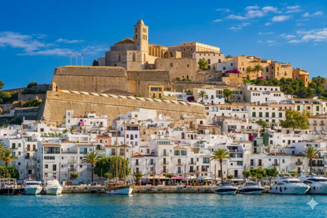 Foto panorámica de la costa de Ibiza, Islas baleares, España.