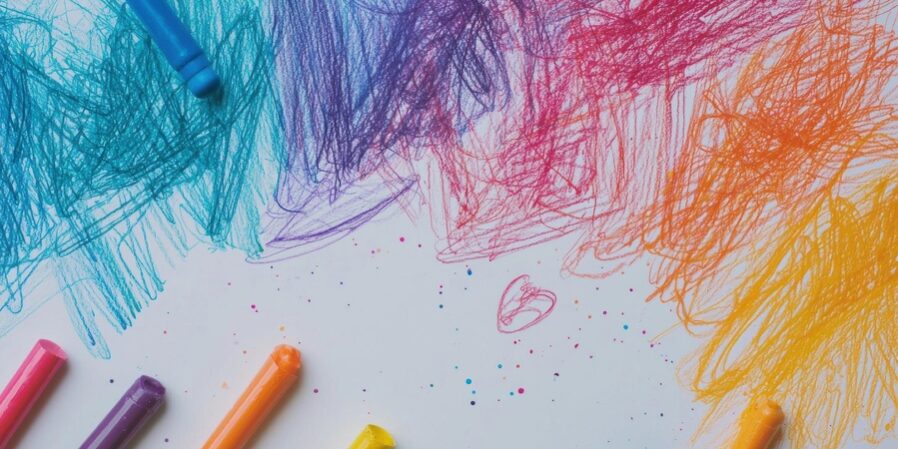 Fondo blanco con dibujos de colores hechos con crayola