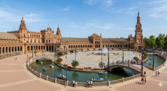 Sevilla-Plaza-España-IA Vista general de la Plaza de España en Sevilla