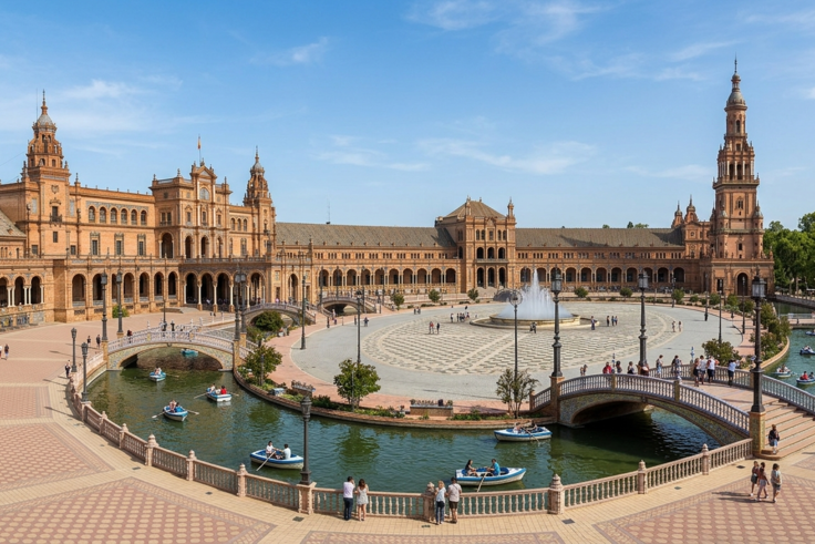 Sevilla-Plaza-España-IA Vista general de la Plaza de España en Sevilla