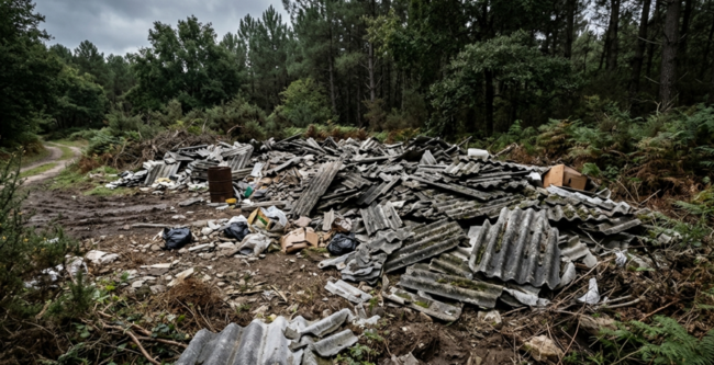 Imagen creada con IA de Placas de uralita abandonadas en un vertedero ilegal de Galicia.