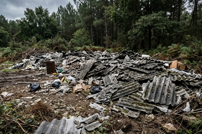 Imagen creada con IA de Placas de uralita abandonadas en un vertedero ilegal de Galicia.