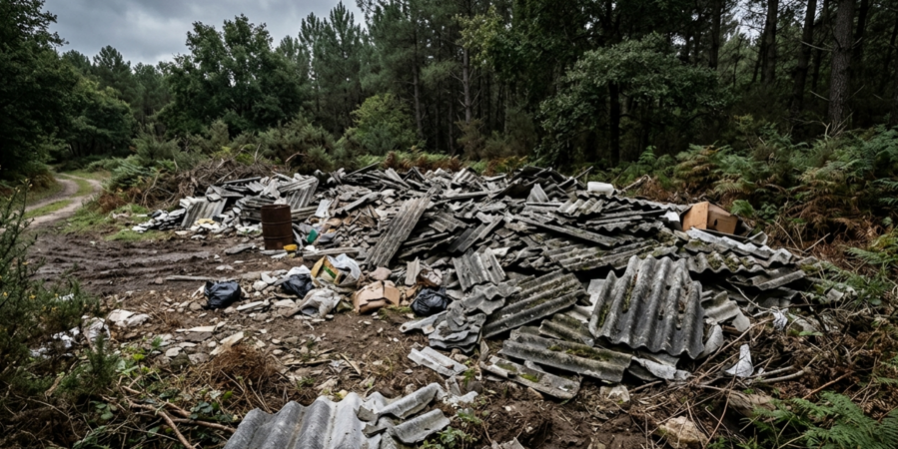 Imagen creada con IA de Placas de uralita abandonadas en un vertedero ilegal de Galicia.