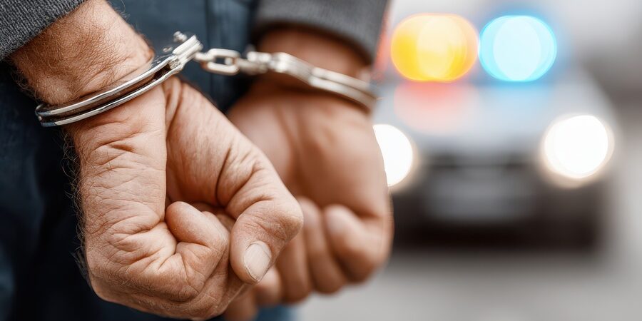 Close-up on hands cuffed with police car lights blurred in background. Concept of arrest, crime, and law enforcement, justice, and being apprehended by the police. Manos esposadas de un hombre detenido por la policía.