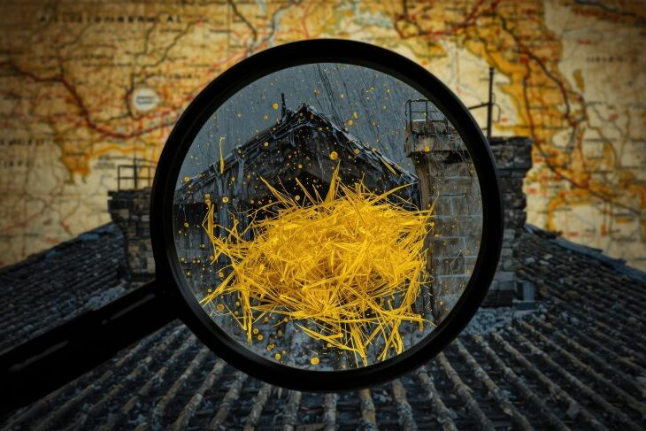 Amianto-Mapa-Greenpeace-pk Lupa mostrando fibras de amianto en un tejado de uralita. El fondo muestra un mapa.