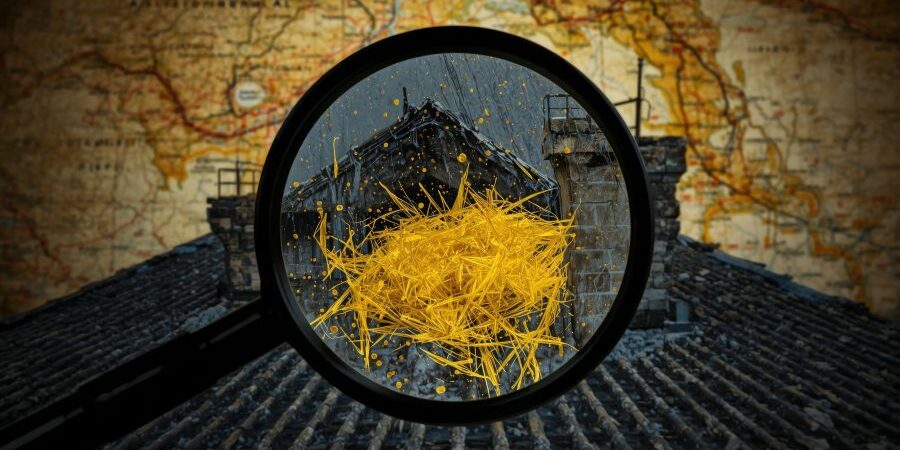 Amianto-Mapa-Greenpeace-pk Lupa mostrando fibras de amianto en un tejado de uralita. El fondo muestra un mapa.