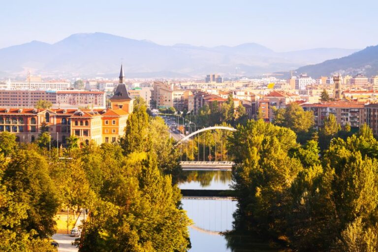 Vista aérea de Pamplona con el puento sobre el río y los edificios al fondo.