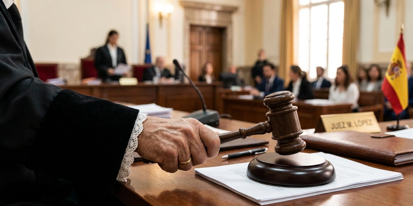 Fallo-Tribunal-Supremo-Amianto-IA La mano de juez golpeando con el mazo en posición de fallo en un tribunal.