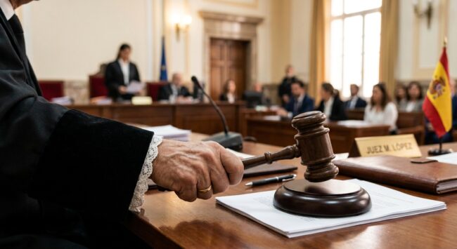 La mano de juez golpeando con el mazo en posición de fallo en un tribunal.