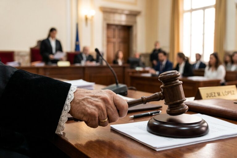 Fallo-Tribunal-Supremo-Amianto-IA La mano de juez golpeando con el mazo en posición de fallo en un tribunal.