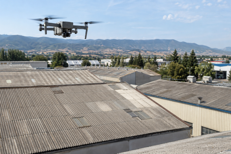 Un drone sobrevuela tejados de uralita.