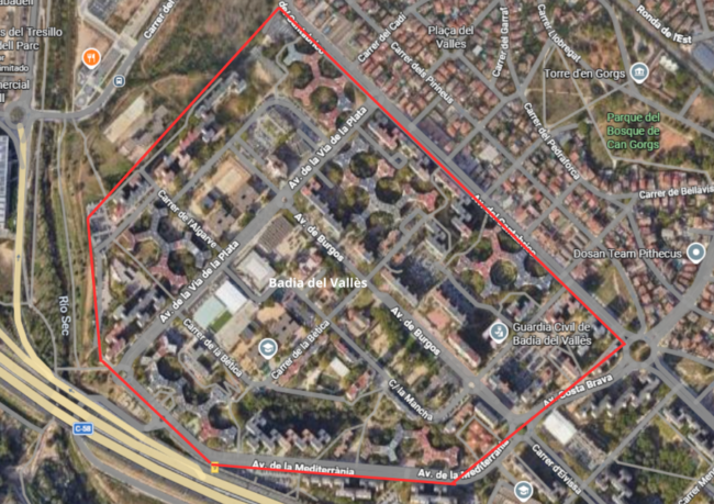 Imagen satelital del mapa de Badia del Vallès, en Barcelona, Cataluña, España.