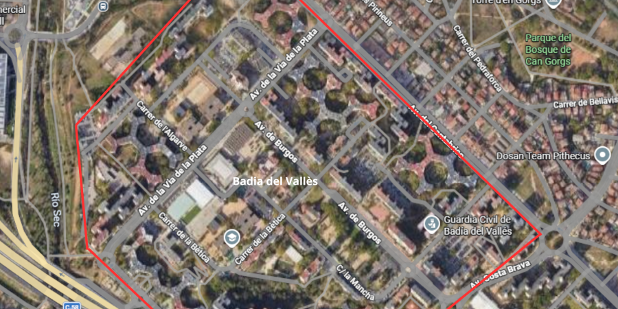 Imagen satelital del mapa de Badia del Vallès, en Barcelona, Cataluña, España.